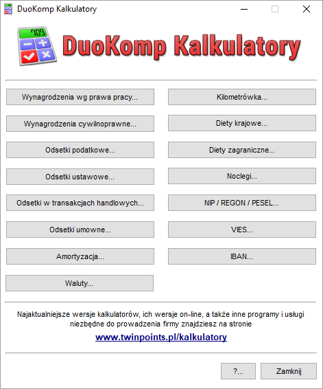 Kalkulatory dla Windows - okno aplikacji startowej